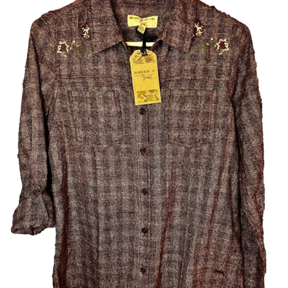 Nwt ❗️TRIPLE FIVE SOUL MEDIUM Gingham Western Boho Plum Flower  Button up Shirt - Picture 1 of 6